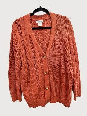 CUPCAKES AND CASHMERE | Cable-Knit Button Cardigan in Rust Orange